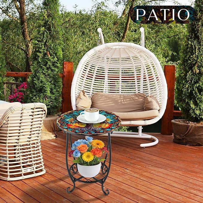 Outdoor Side Table Round Small Mosaic Patio Accent Indoor End Plant Coffee Tea Table for Yard Patio Porch Garden Living Room, Bedroom(Tree of Life Style,12 Inch)