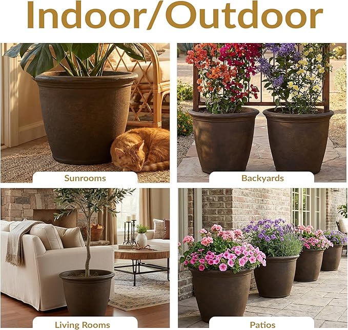 Sunnydaze 20-Inch Anjelica Large Plastic Pot for Plants - Outdoor Double-Walled Large Plastic Planter with Drillable Drainage Holes - Rust - 4pk