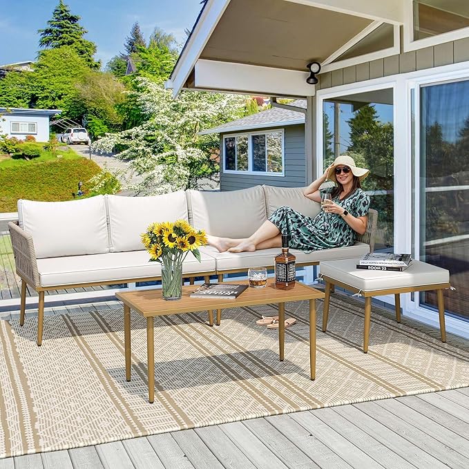 DWVO 6 Pieces Patio Furniture Set, L Couch Outdoor with Coffee Table&Washable Cushions, Outdoor Patio Sectional Wicker Rattan Conversation Sectional Set for Garden Yard Pool Beige
