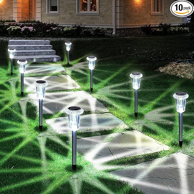 Solar Outdoor Lights, 10 Pack Waterproof Stainless Steel Solar Stake Lights for Pathway Garden Yard Path Walkway Driveway Lawn Patio Outside Decor, Cool White