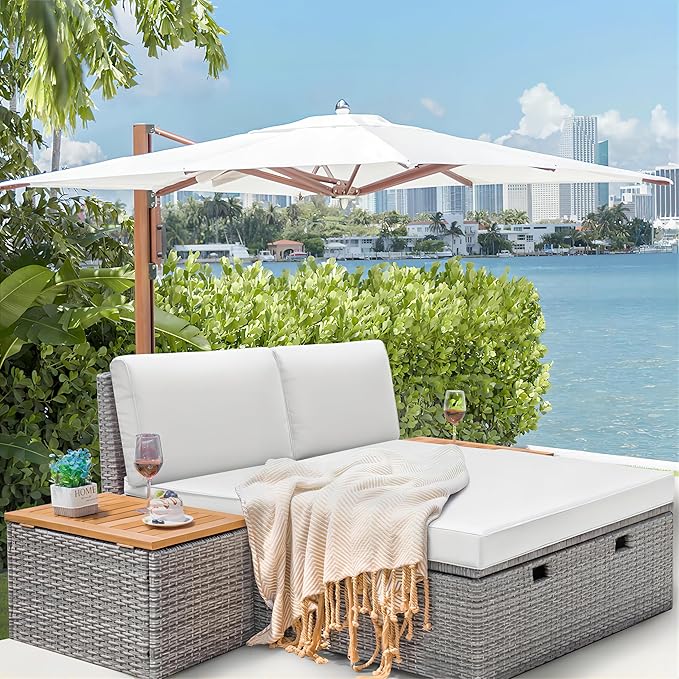 Greesum Outdoor Daybed Set Multifunctional Wicker Lounge Bed Furniture with Two Side Tables, Cushions, Storage Bench for Porch Lawn Patio Beach, OneSize, White