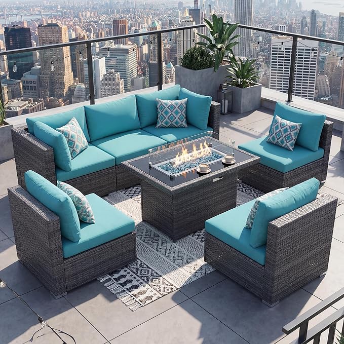NICESOUL 7 Piece Large Modern Patio Furniture Set with Propane/Gas Firepit Table, 29.3'' High Back Comfy Wicker Sectional Sofa Couches with Fire Pit, Outdoor Deep Conversation, Fade-Proof, Turquoise