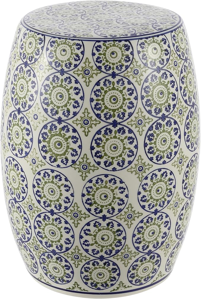 JONATHAN Y TBL1025A Lula 17.25" Suzani Ceramic Indoor/Outdoor Garden Stool, Blue/Green, Classic, Coastal, Bohemian, Traditional, Mediterranean, Cottage for Living Room, Garden, Outdoor, Home