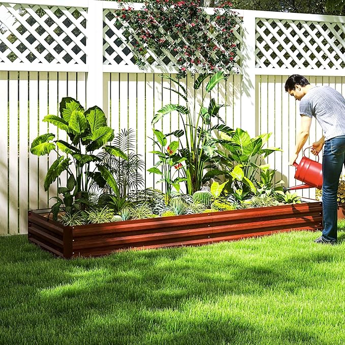 Outsunny Galvanized Raised Garden Bed, 8' x 3' x 1' Metal Planter Box, for Growing Vegetables, Flowers, Herbs, Succulents, Natural Wood