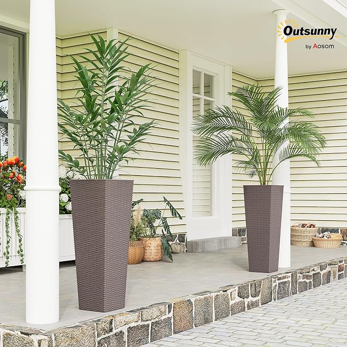 Outsunny 32 Inch Tall Planters for Outdoor Plants, Set of 2 Plastic Rattan-Like Flower Pots with Drainage Holes, Stackable Tapered Planters for Indoor Plants, Front Porch, Brown