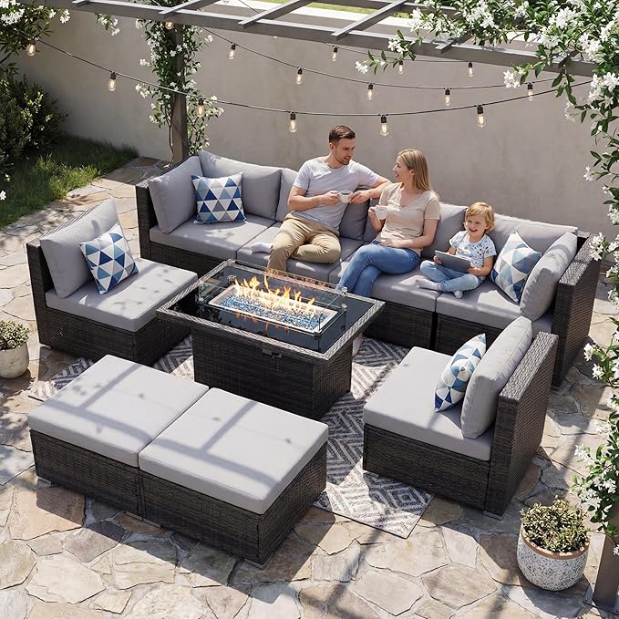 NICESOUL 29.3'' High Back Outdoor Patio Conversation Set with Firepit Natural Gas Propane Convertible, Plus Size Modular Wicker Furniture Couches, 9 Piece Modern Deep Wide Sectional Sofa, Light Gray