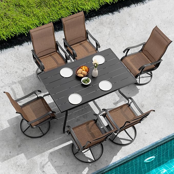 NUU GARDEN Patio Dining Set 7 Pieces Outdoor Dining Set for 6 Patio Swivel Chairs Textilene with 1 Metal Large Dining Table 6 Person Patio Set for Lawn Garden Deck, Brown and Black