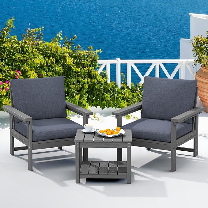 SERWALL HDPE Patio Sofa Set, 3-piece Sectional Outdoor Furniture Set, All Weather Outdoor Couch Set Patio Furniture Set for Deck, Lawn, Grey Frame with Grey Cushion