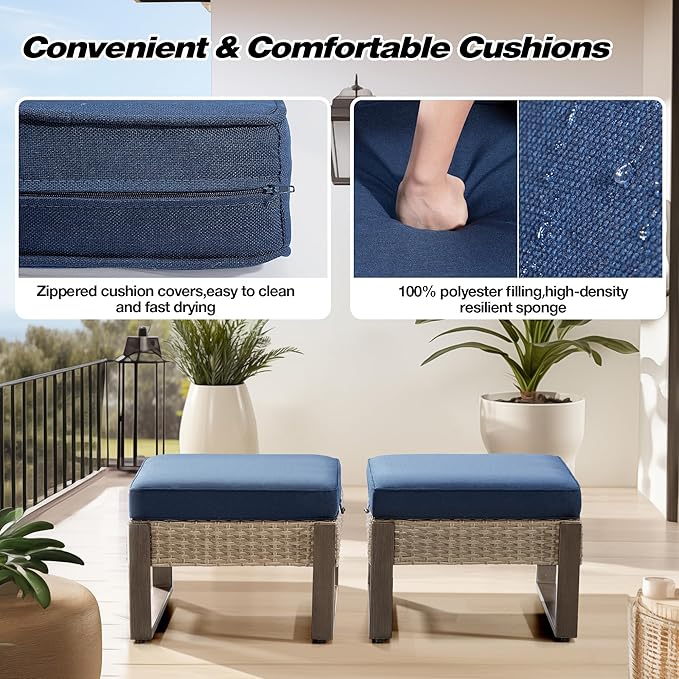 Joyside Outdoor Patio, All-Weather PE Rattan Ottomans Footstools with Removable Cushions & Anti-Rust Wood-Looking Legs for Garden, Backyard, Porch, Deck (Blue)