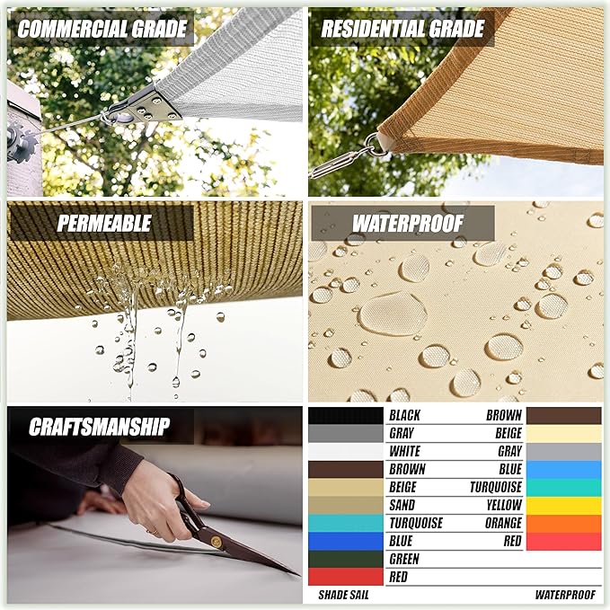 ColourTree TAPR1616 Custom Size 11' x 13' Beige Sun Shade Sail Canopy UV Block UPF50 Rectangle - Commercial Standard Heavy Duty - 190 GSM - 3 Years Warranty