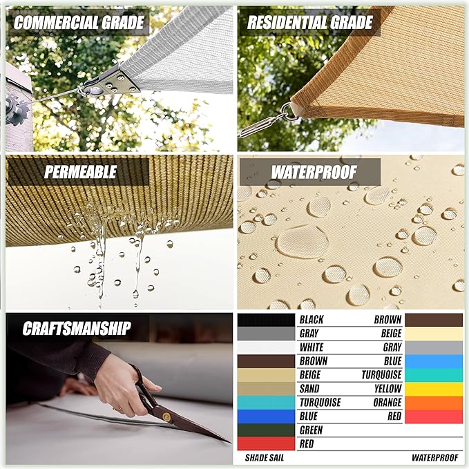 ColourTree TAPR1616 Custom Size 9' x 11' Grey Sun Shade Sail Canopy UV Block UPF50 Rectangle - Commercial Standard Heavy Duty - 190 GSM - 3 Years Warranty