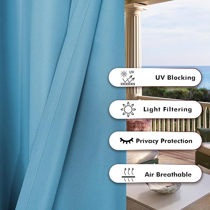 BONZER Waterproof Indoor/Outdoor Curtains for Patio Thick Privacy Wide Grommet Curtains for Bedroom, Living Room, Porch, Pergola, Cabana, 1 Panel, 110W x 95L inch, Teal