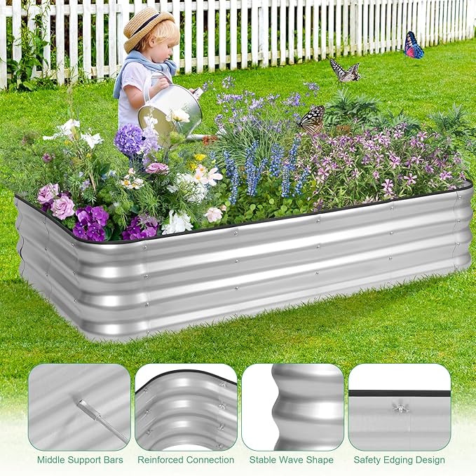1MORE Raised Garden Bed -5X3X1 Galvanized Planter Box for Outdoor Gardening,4 in 1 Modular Raised Bed Kit with Protective Tape, Gloves for Herb,Ideal for Vegetables and Plants.Sliver-1Pcak