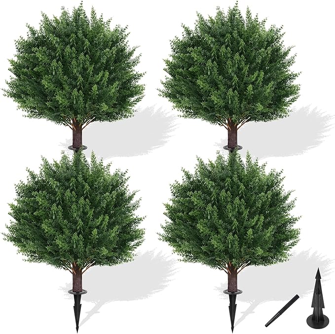 Artificial Cypress Topiary Tree with Ground Spike, Set of 4 Artificial Shrub Bushes, Fake Evergreen Tree for Porch, Artificial Plants for Outdoor Planters Indoor UV Resistant