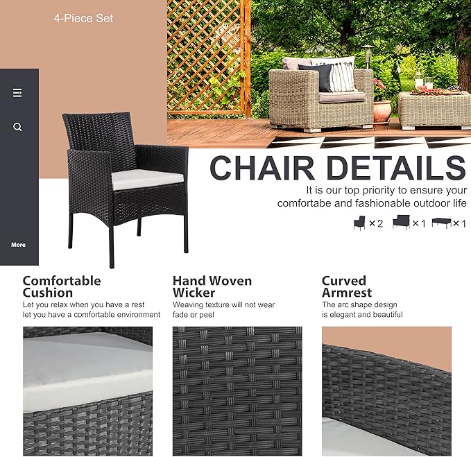 Shintenchi 4 Piece Outdoor Patio Furniture Sets, Small Wicker Patio Conversation Furniture Rattan Chair Set with Tempered Glass Coffee Table for Backyard Porch Garden Poolside Balcony,Black