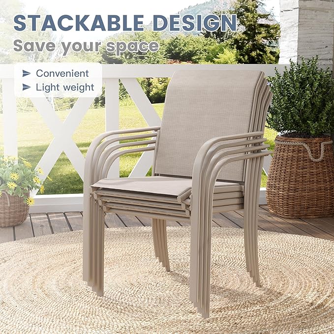 VICLLAX 5 Pieces Patio Dining Set for 4, Outdoor Furniture Set Includes 40.7" Round Patio Table and 4 Patio Stackable Chairs, Grey Wood Grain Tabletop and Sandshell Fabric
