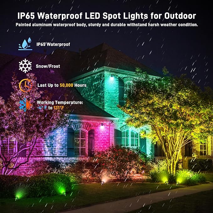 Christmas Landscape Lights 12W RGBW Outdoor Spot Lights for Yard, Low Voltage LED Landscape Spotlight with Remote Control, IP65 Waterproof Yard Spotlgiht for Lawn, Garden, 2 Pack