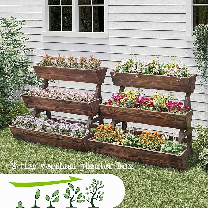 3-Tiers Wooden Raised Garden BedPlanter Box Gardening Outdoor Planter Box Patio Kit Tiered Planter Box Vertical Garden Planter Wood Plant Stand for Patio, Balcony, Freestanding (Carbonized L)