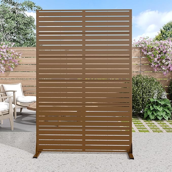 Casaphoria Metal Privacy Screen Outdoor, 72" H x 47" W Freestanding Decorative Privacy Screen for Patio Deck Balcony Garden with Stable Base, Brown-Louvered