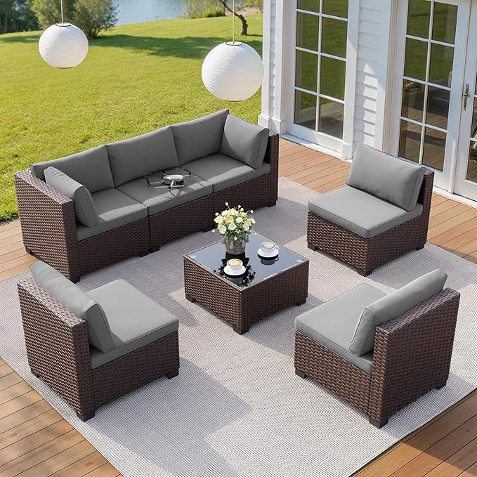 7 Pieces Outdoor Patio Furniture Set, PE Rattan Outdoor Wicker Sectional Furniture Sofa Set, with Cushions and Glass Coffee Table, for Balcony, Porch, Garden, Grey