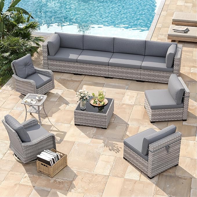 8-Seat Modern Patio Furniture Set with Swivel Rocking Chairs, Thick 4″ Cushions, Dual-Strand Wicker Rattan, Rust-Resistant Steel Frame – Outdoor Conversation & Modular Sectional,Gray