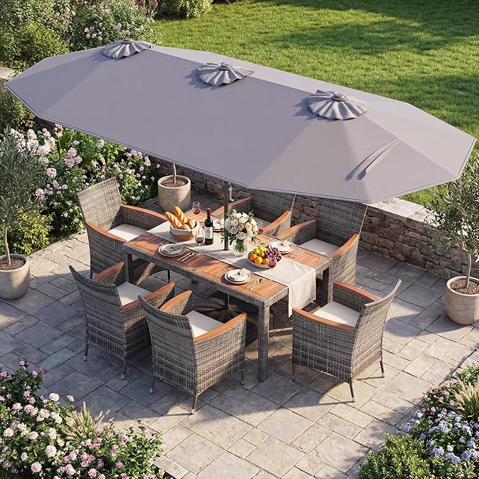 Tangkula 9 Pieces Rattan Outdoor Dining Set with 13Ft Solar Patio Umbrella for 6, Outdoor Wicker Table Set with 8 Cushioned Chairs, Acacia Wood Top, Outdoor Umbrella with Base Included