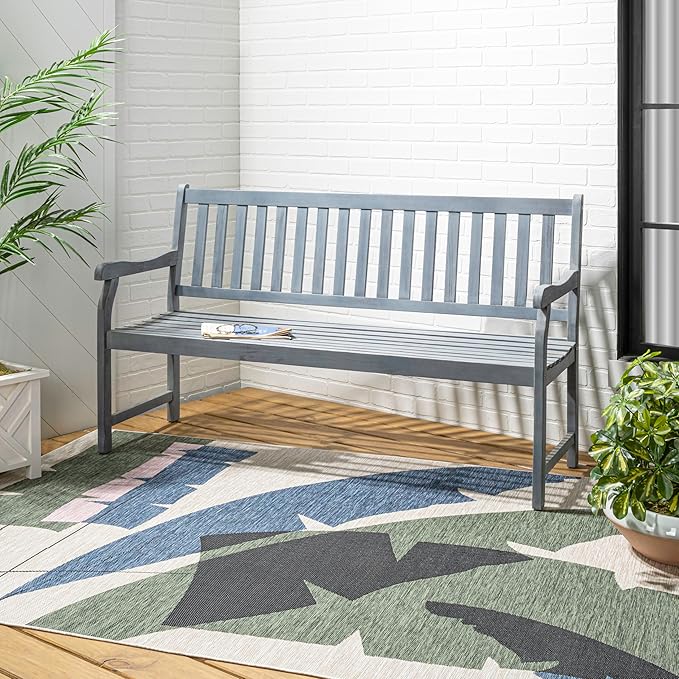 JONATHAN Y BNH101B Laurel 59.1" 3-Seat Slat-Back 600-Lbs Support Acacia Wood Outdoor Garden Patio Bench for Garden, Lawn, Backyard, Pool, Deck, Beach, Firepit, Gray