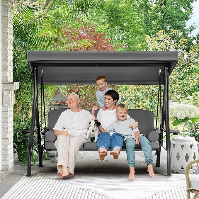 HOMREST 3 Seat Outdoor Porch Swing with 1.5" Deepened Cup Holder, Adjustable Canopy, Patio Swing Bed with Stand, Patio Glider Swing with Thicken Cushions, Pillow for Yard, Garden(Grey)