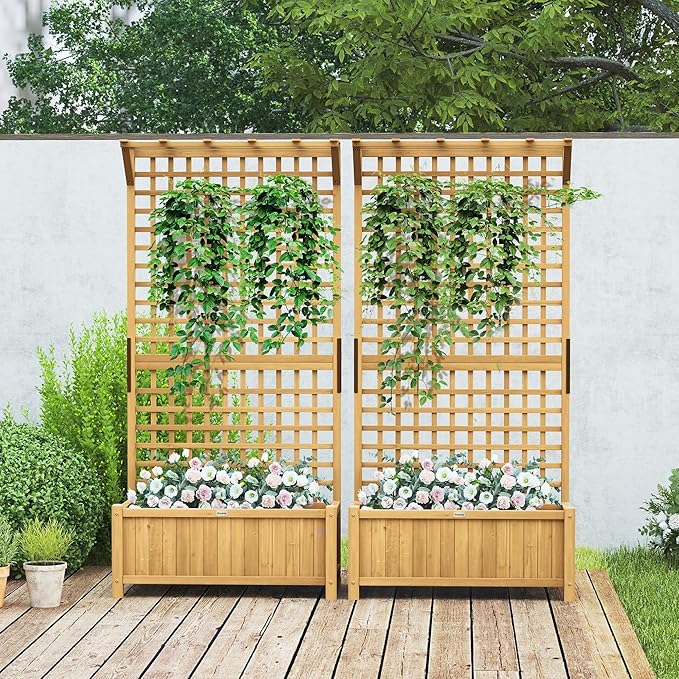 Outsunny Wood Planter with Trellis, Raised Garden Bed for Climbing Plants with Drainage Holes and Roof, 35.5 x 17.75 x 72 Inch, Pack of 2, Yellow