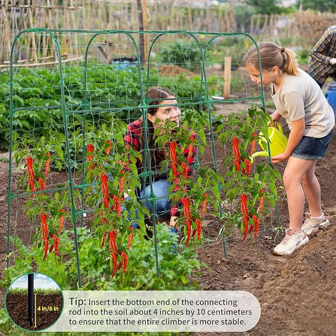 Garden Trellis for Climbing Plants Outdoor, Cucumber Trellis for Raised Bed Garden, Arch Trellis Support for Cucumbers Tomatoes Beans Peas, 50x48 inch, Metal Trellis with Netting, Green