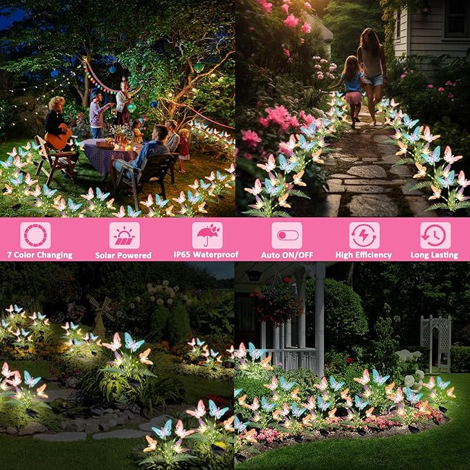 Solar Lights Outdoor Decorations Waterproof Newest Solar Garden Lights with Glowing Stems, 7-Color Changing Butterfly Flower Light for Outside Yard Pathway Garden Decor, Gift for Mother,2Pack