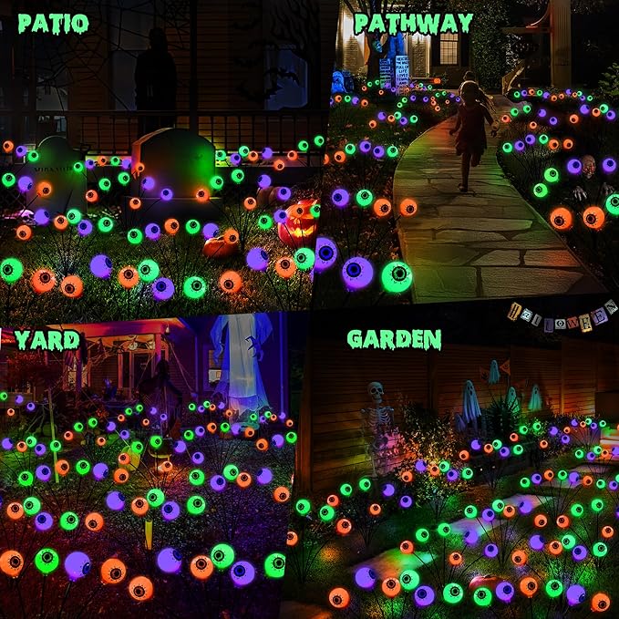 BrizLabs 6 Pack 36 LED Halloween Solar Eyeball Lights, 2 Modes Outdoor Halloween Pathway Lights, Solar Spooky Path Light Waterproof, Swaying Firefly Light for Yard Garden Lawn, Orange & Purple & Green