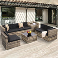 8-Piece Patio Furniture Set, Outdoor Wicker Rattan Sectional with Thick Cushions, Glass Top Table with Hidden Storage, Outdoor Conversation Set for Backyard, Porch, Patio, Black
