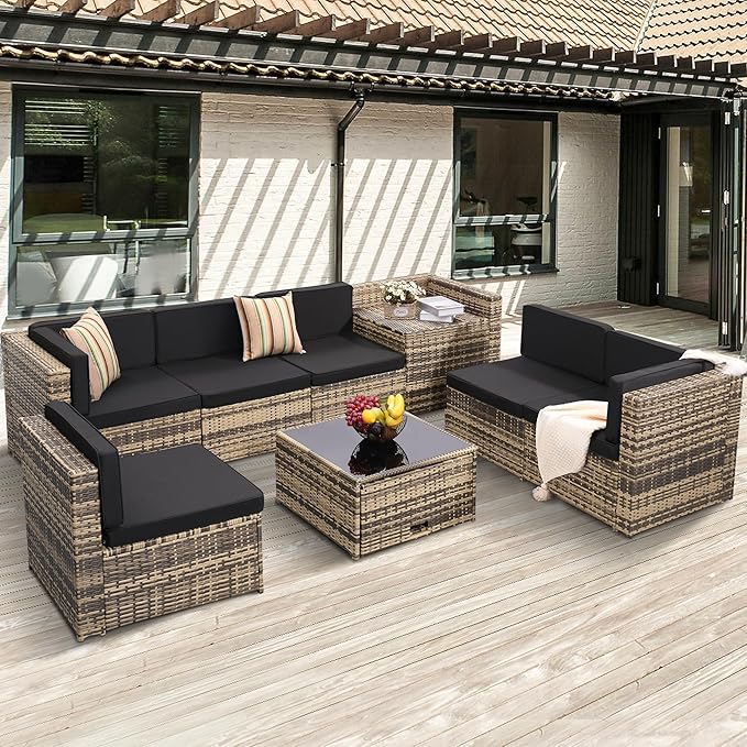 8-Piece Patio Furniture Set, Outdoor Wicker Rattan Sectional with Thick Cushions, Glass Top Table with Hidden Storage, Outdoor Conversation Set for Backyard, Porch, Patio, Black