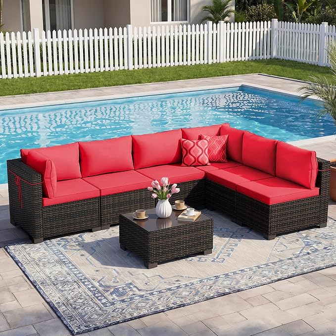 LEVELEVE 7 Pieces Outdoor Patio Furniture Sets,Rattan Conversation Sectional Set,Manual Weaving Wicker Patio Sofa with Tea Table