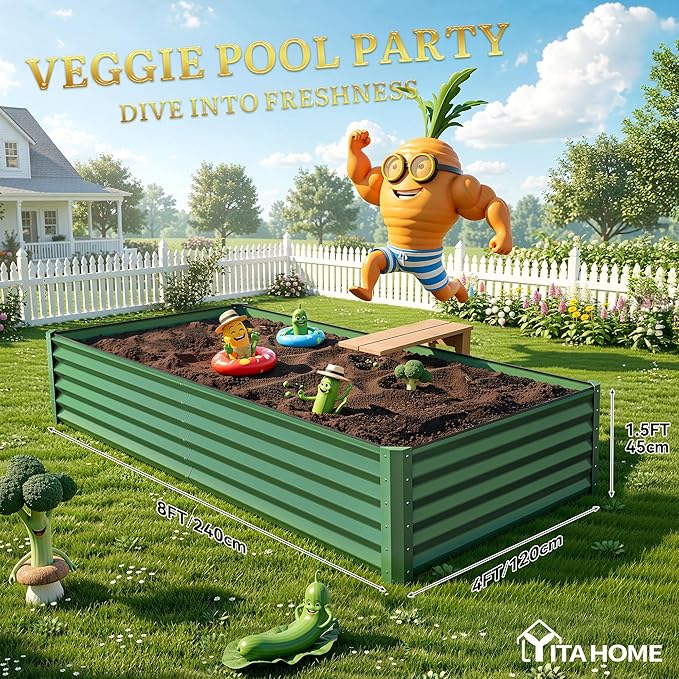 YITAHOME 8x4x1.5ft 2pcs Large Raised Garden Bed Kit, Galvanized Metal Planter Box with Gloves, Ground Nails & Safety Rubber, Outdoor Above Ground Planters for Plants Vegetables Flowers, Green
