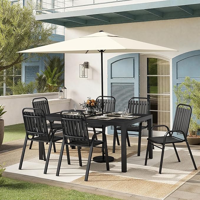 Pamapic Outdoor Dining Sets for 6, Rectangular Steel Slat Table with 6 Plastic Chairs, 7 Piece Patio Table and Chairs Set with Adjustable Umbrella Hole for Garden, Backyard, Poolside (Black)