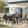 Pamapic Outdoor Dining Sets for 6, Rectangular Steel Slat Table with 6 Plastic Chairs, 7 Piece Patio Table and Chairs Set with Adjustable Umbrella Hole for Garden, Backyard, Poolside (Black)