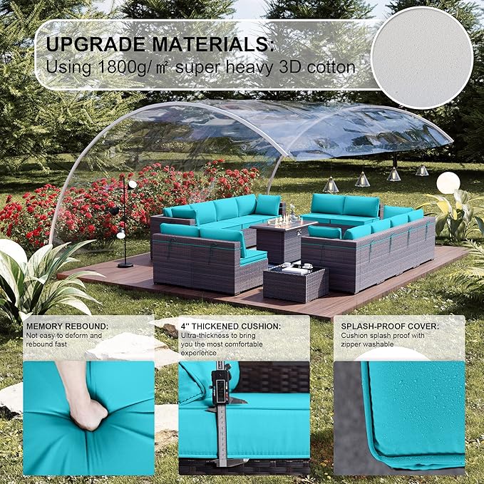 Kullavik 15 Pieces Outdoor Patio Furniture Set with 43" 55000BTU Gas Propane Fire Pit Table PE Wicker Rattan Sectional Sofa Patio Conversation Sets,Blue