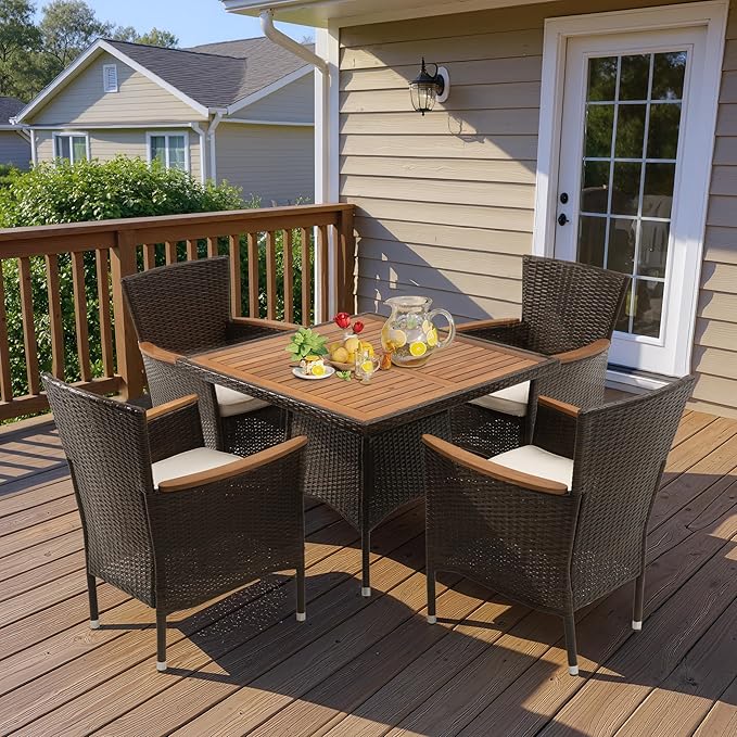 Wisteria Lane Patio Outdoor Table and Chairs Set, Rattan Outdoor Patio Furniture Set with Removable Cushions, Outdoor Patio Dining Sets with Acacia Wood Tabletop for Deck Garden Backyard, Brown
