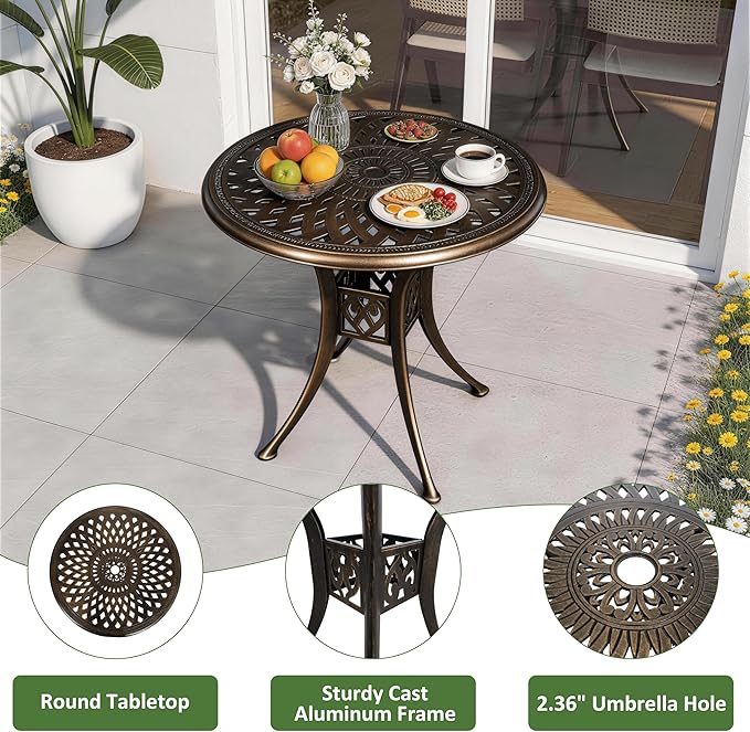 30.31" Outdoor Patio Dining Table, Cast Aluminum Patio Bistro Table, Round Patio Metal Table, Patio Furniture Set with 2.36" Umbrella Hole for Balcony Lawn Garden Backyard