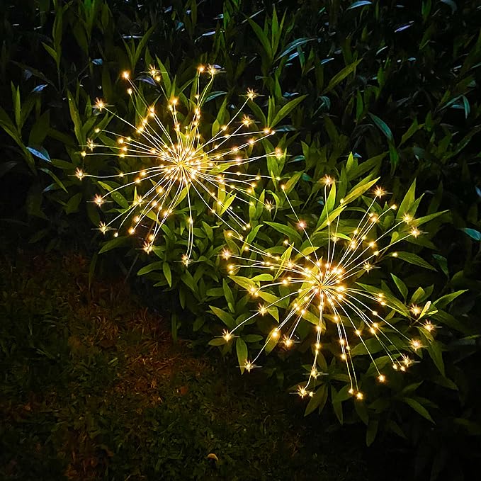 JJGoo Solar Firework Lights, 2 Pack 180 LEDs 2 Lighting Modes Solar Lights Outdoor Waterproof for Garden Patio Walkway Pathway Party Wedding Christmas Decorative - Warm White
