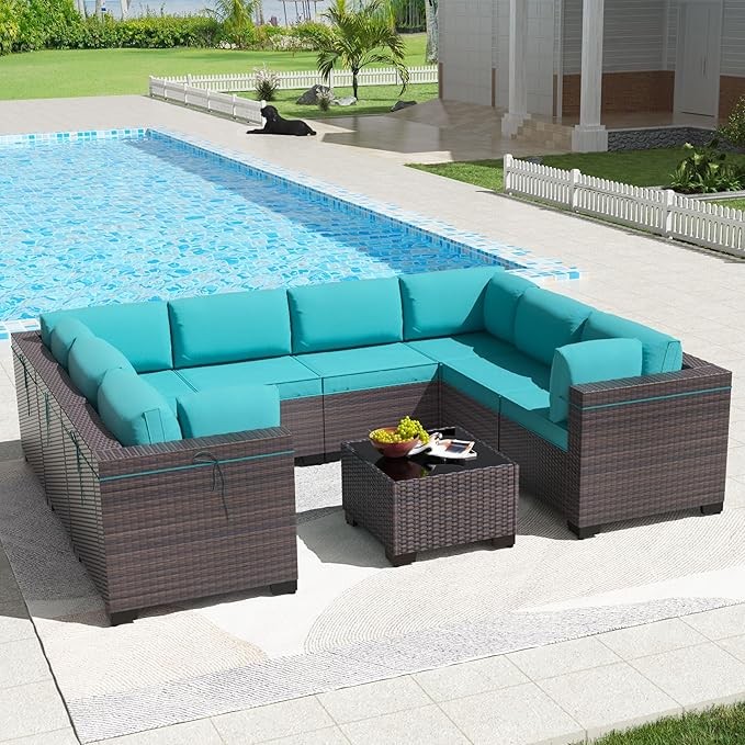 Kullavik 9 Pieces Outdoor Patio Furniture Set PE Wicker Rattan Sectional Sofa Patio Conversation Sets,Blue