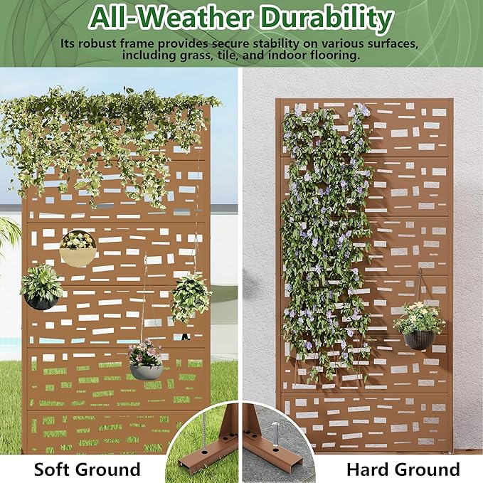 Casaphoria Metal Privacy Screen Outdoor, 72" H x 35" W Freestanding Decorative Privacy Screen for Patio Deck Balcony Garden with Stable Base, Brown-Geral