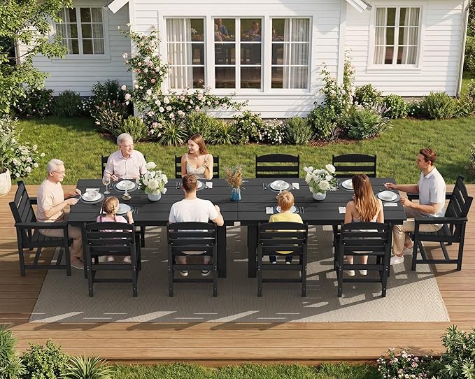 SERWALL Patio Dining Sets for 10 Person, HDPE Dining Set with 2 Tables, 8 Armless Chairs and 2 Armed Dining Chairs, Black