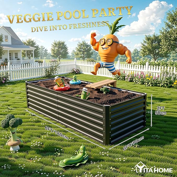 YITAHOME 6x3x2ft Large Raised Garden Bed Kit, Galvanized Metal Planter Box with Gloves, Ground Nails, Support Rod, Outdoor Above Ground Planters for Plants Vegetables Flowers, Black