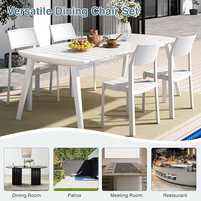 VECELO 4 Pack Stackable Dining Chairs, Plastic Patio Chairs for Indoor Outdoor Use in Kitchen, Poolside, No Assembly, Matte White