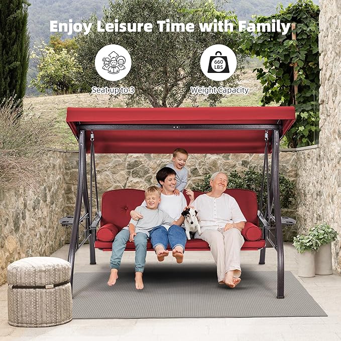 HOMREST 3 Seat Outdoor Porch Swing with 1.5" Deepened Cup Holder, Adjustable Canopy, Patio Swing Bed with Stand, Patio Glider Swing with Thicken Cushions, Pillow for Yard, Garden(Wine Red)