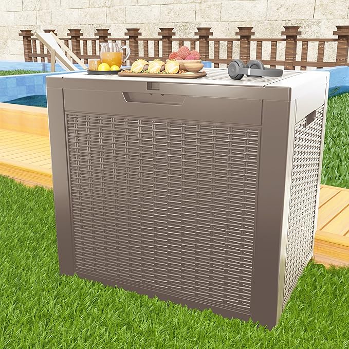 31 Gallon Outdoor Deck Box, Lockable Waterproof Outdoor Storage Boxes For Garden Tools,Indoor Cushions,Accessories Outside Storage Resin Weatherproof Container(Grey)