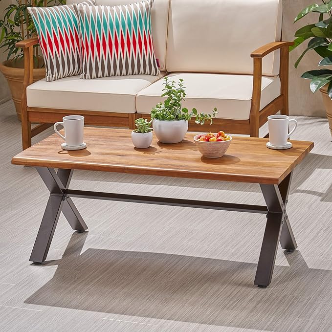 Christopher Knight Home Sanibel Outdoor Acacia Wood Coffee Table, Teak Finish / Rustic Metal,Black and Brown